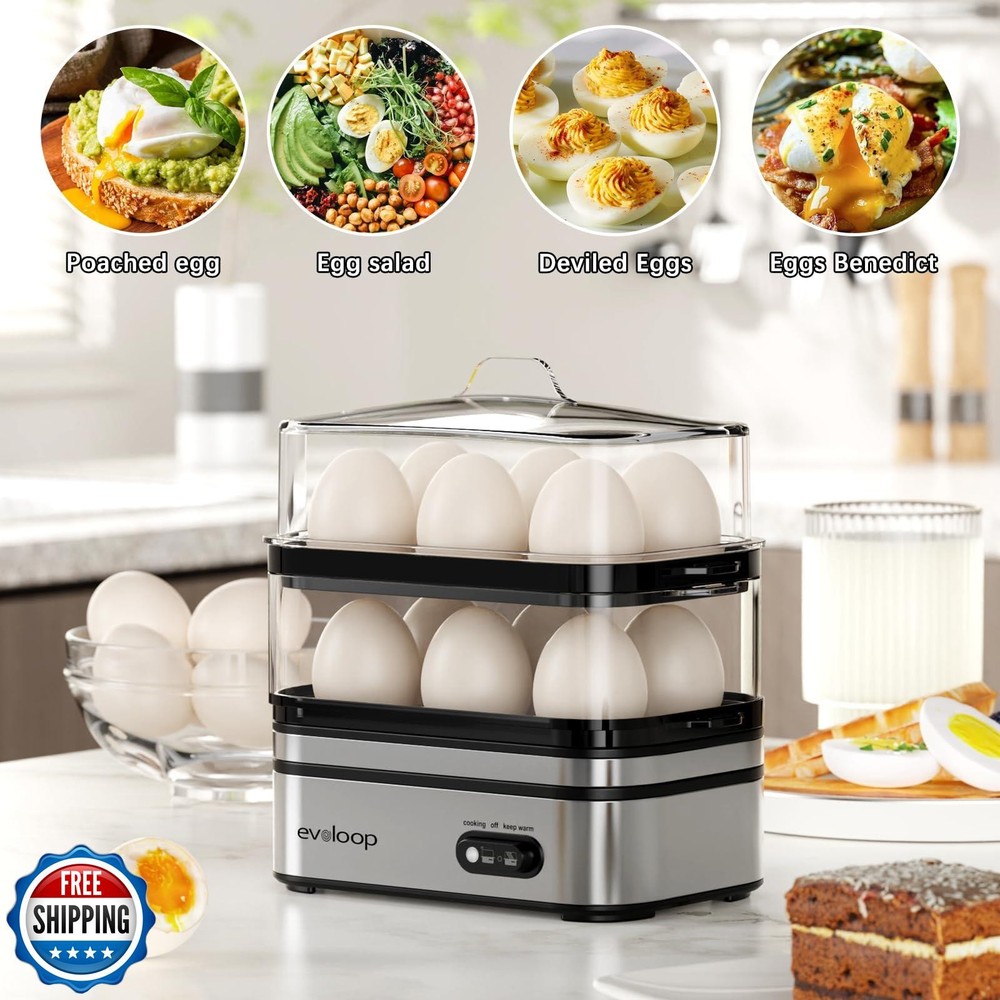 Evoloop Rapid Egg Cooker Electric 12 Eggs Capacity, Soft, Medium,