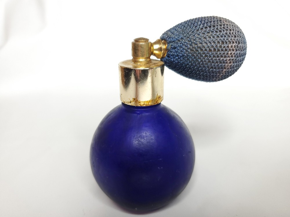 Vintage Dark Blue Glass(?) Perfume Bottle with Atomizer