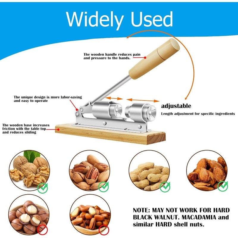 Heavy Duty Pecan and Nut Cracker Tool, Wood Base and Adjustable Handle Easy Use