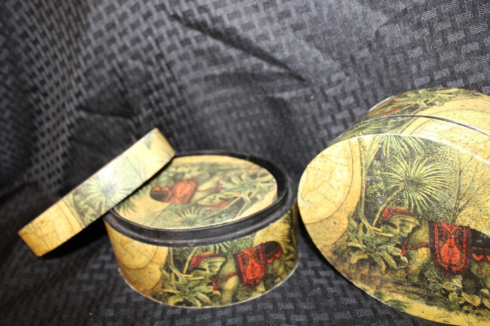 Set of 2 (4 ct) Stackable Nesting Oval Storage Boxes:World Globe Elephant Jungle