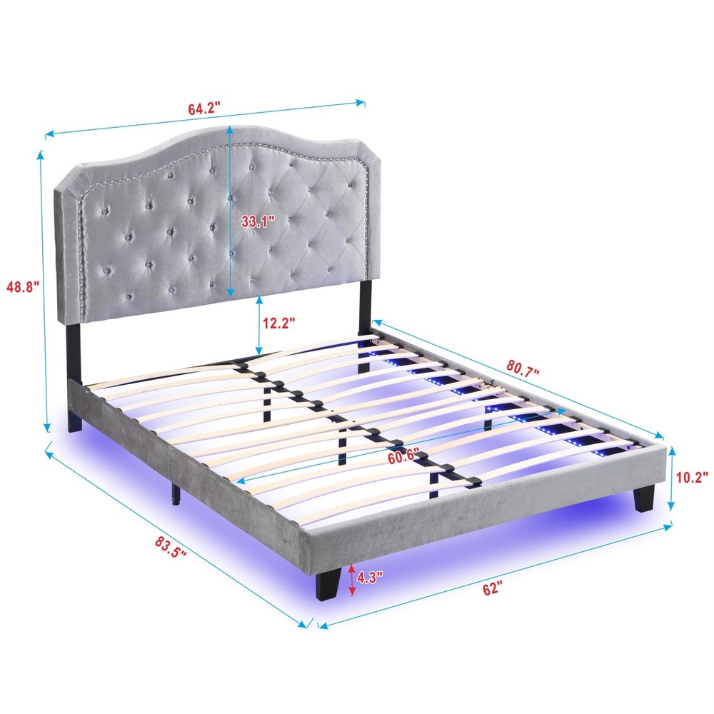 Queen Size Bed Frame Upholstered Platform Bed w/ LED Lights Black/Light Gray