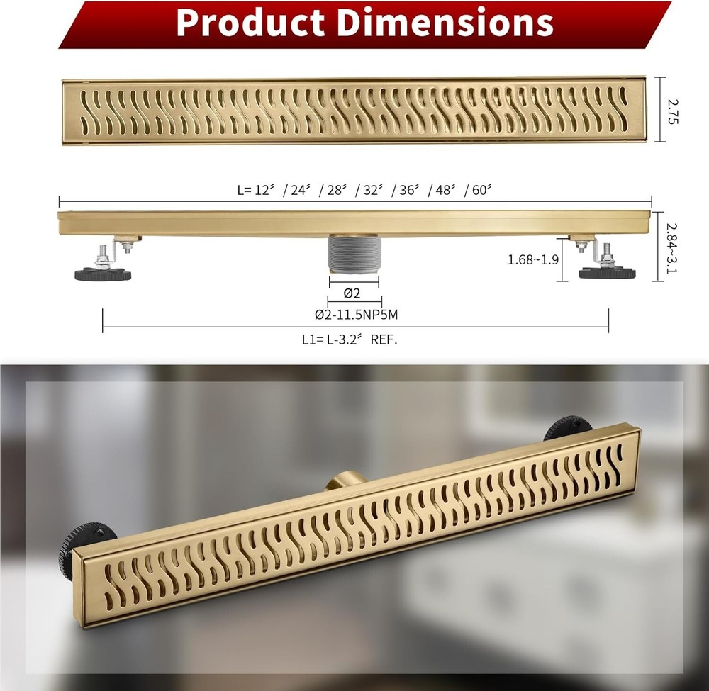 Sharp-tec 24" Linear Shower Drain Rectangle Shower Floor Drain Kit, Gold ST-103