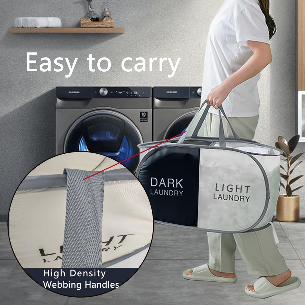 Foldable Pop Up Laundry Hamper 2 Section Laundry Basket Dirty Clothes Hampers...