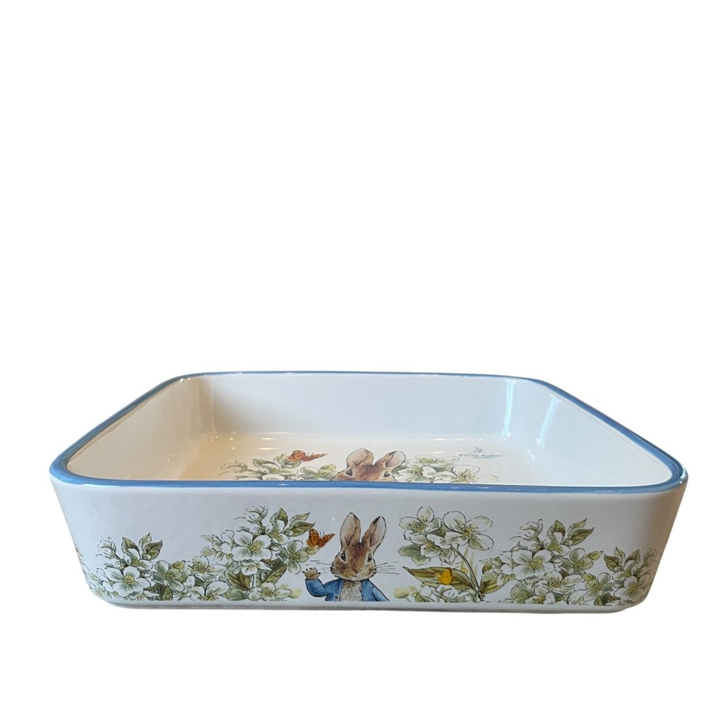 Beatrix Potter Peter Rabbit 9" Square Ceramic Baker Blue Rim Easter Bakeware NEW