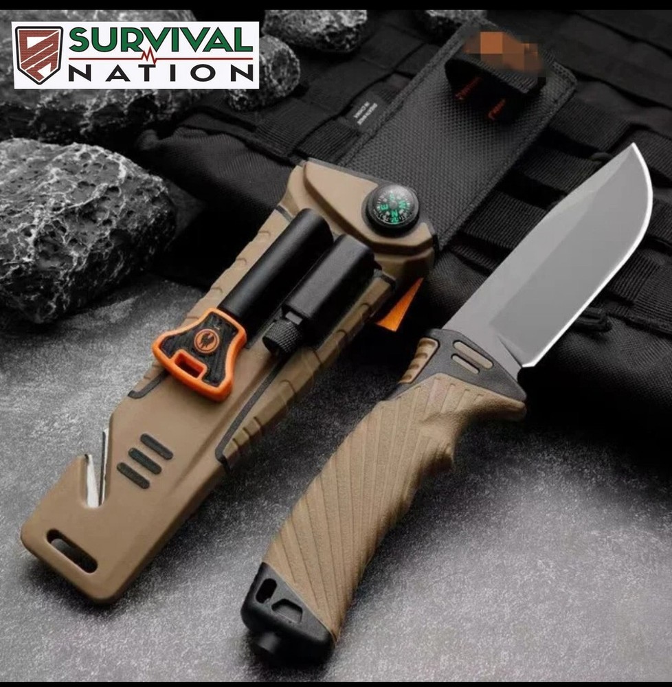 Tactical Fixed Blade Survival Knife with firestarter, LED light, compass, MORE!