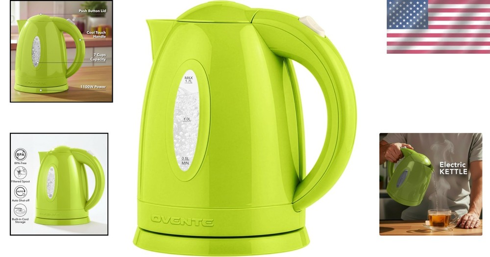 1.7L Fast Boiling Green Electric Kettle with Safety Features & Removable Filter