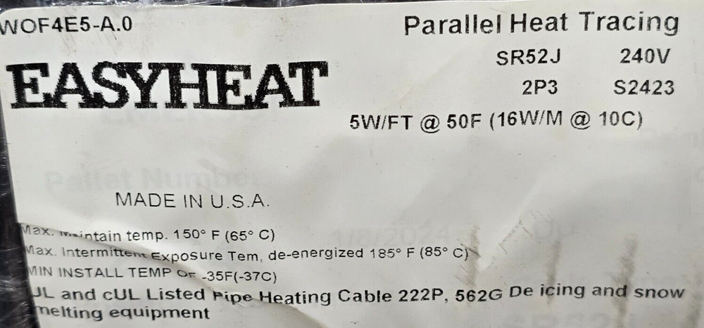 EasyHeat SR52J Self-Regulating Pipe/Freeze Heating Cable 5 Watts/Ft 240V /10ft