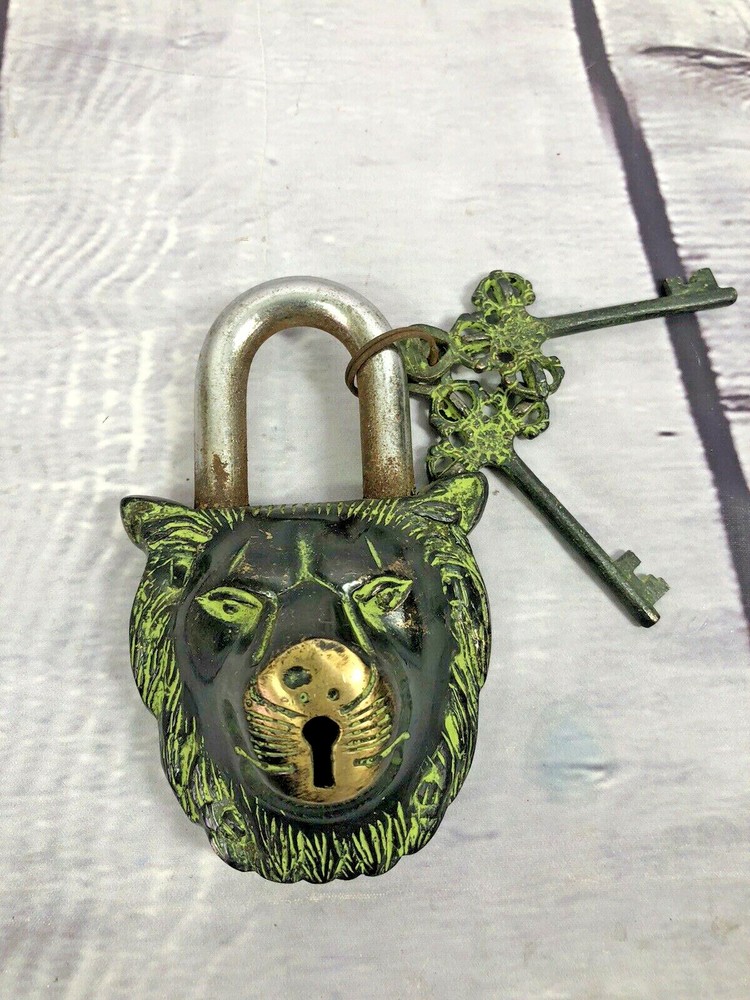Trinetra artizan solid brass lion padlock with 2 keys fully functional 5.5x 3.5