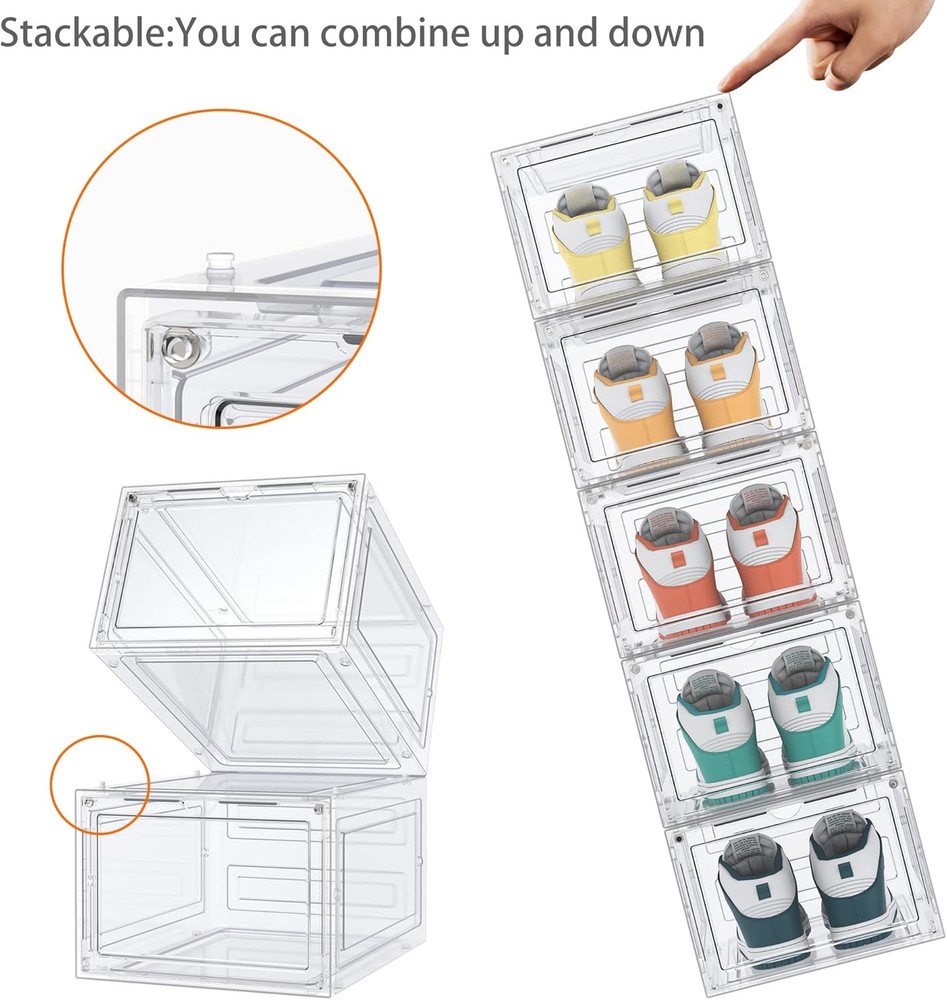 Clear Plastic Stackable Shoe Boxes with Lids 6 Pack Organizer Storage for Size