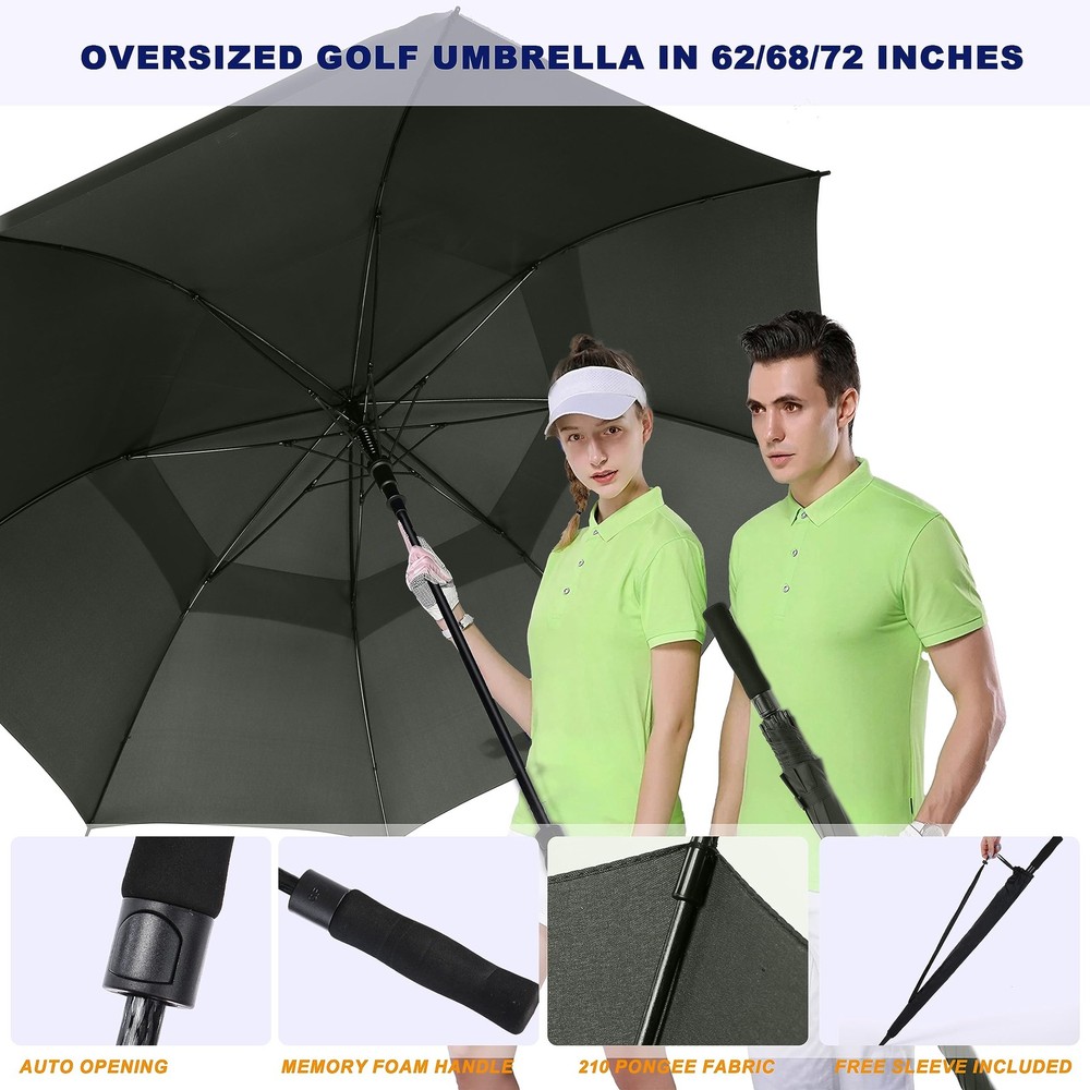 Large Golf Umbrella 62/68/72 Inch, Windproof Double Canopy, Automatic Open