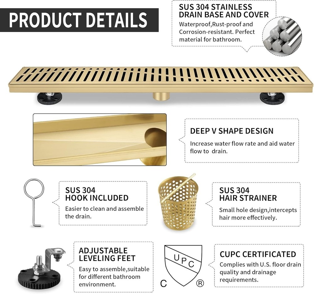 Linear Shower Drain 36 Inch Rectangular, Brushed Gold Shower Drain (178)