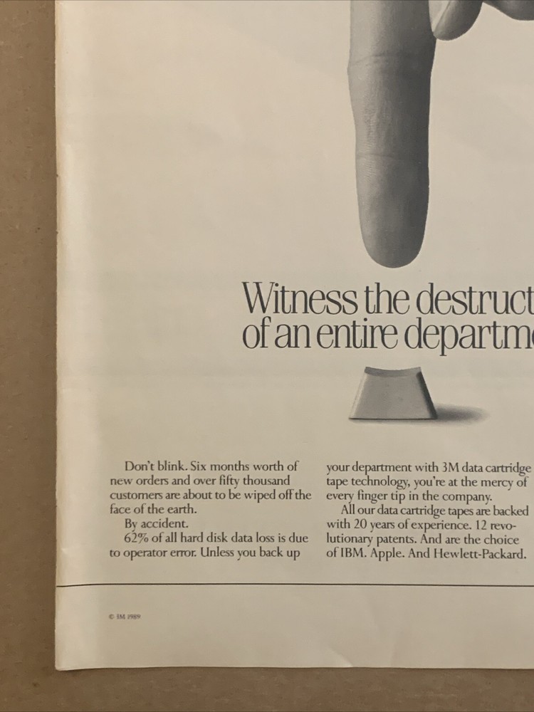 1989 3M Computer Data Cartridge Tape PRINT AD Operator Error Button Push VTG 80s