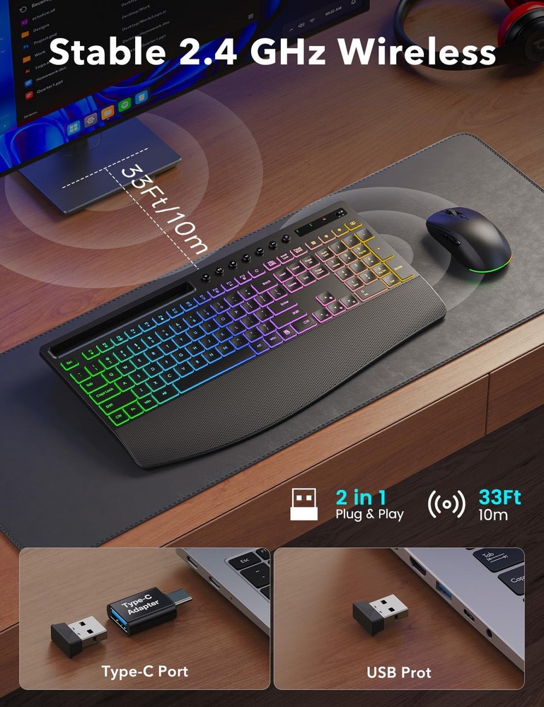 Wireless Keyboard and Mouse Combo - 4000mAh Rechargeable Backlit Keyboard wit...