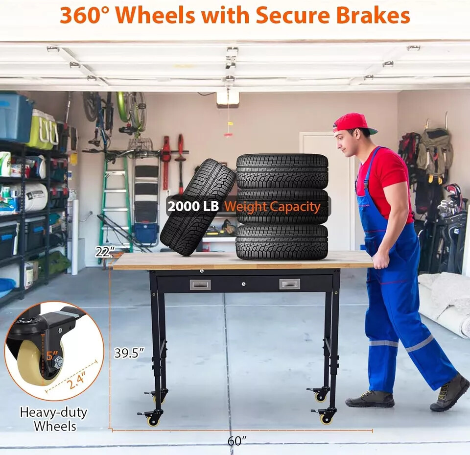 60"x22" Adjustable Height Workbench 2000 LBS Workstation With Drawer & Wheels