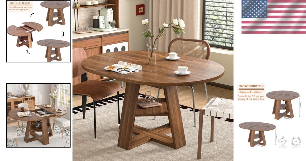 Modern Walnut Dining Table with Removable Leaves for 4-8 - Space Saving Design