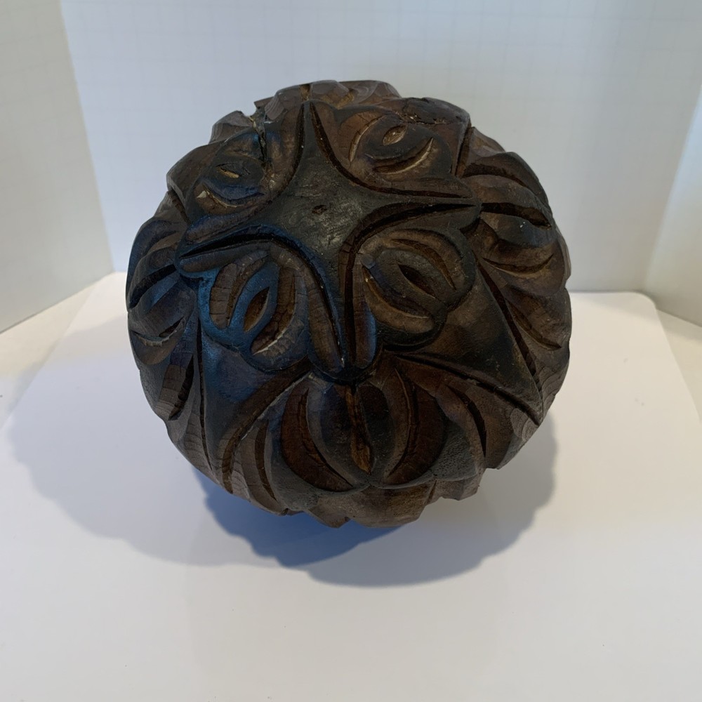 Primitive Hand Carved Solid Wood Sphere 6.5” Diameter Heavy