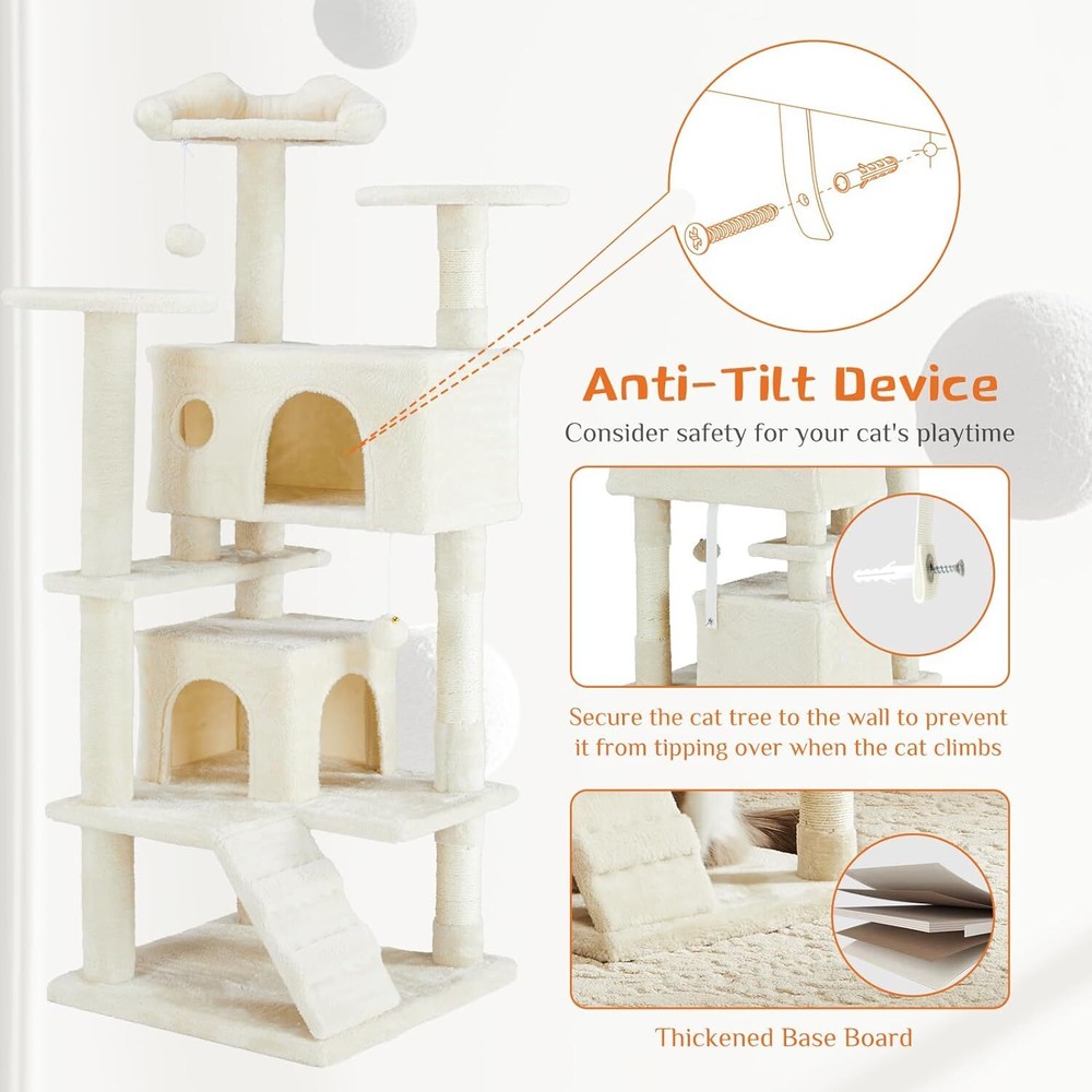 54" Modern Cat Tree. Multi-Level. With Scratching Posts & Perches. For Cats