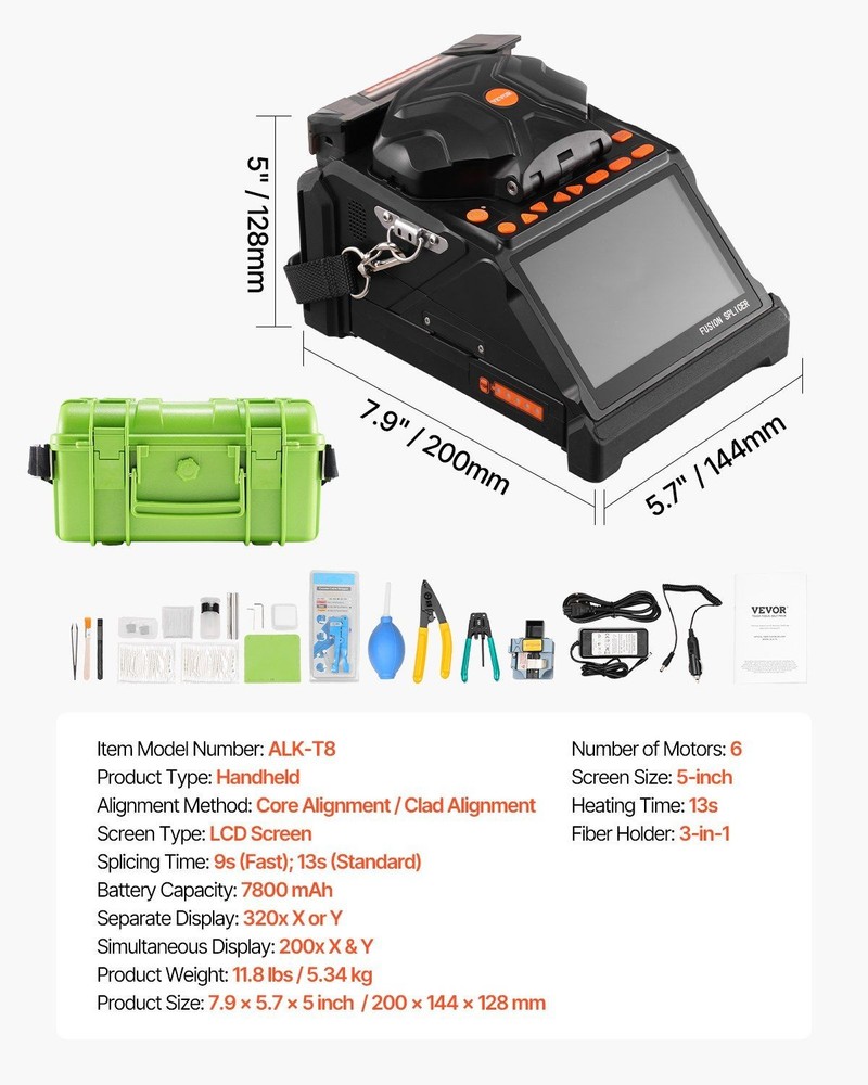 Fiber Splicer with Dual Axis Core Alignment 6 Motor 5 Inch LCD System