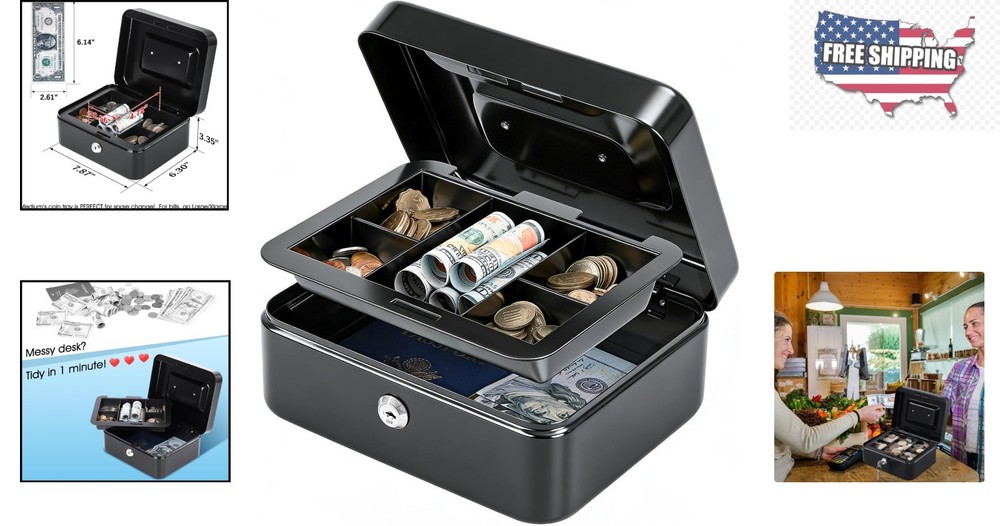 Durable Medium Cash Box with Key Lock & Removable Tray, Secure Black Storage