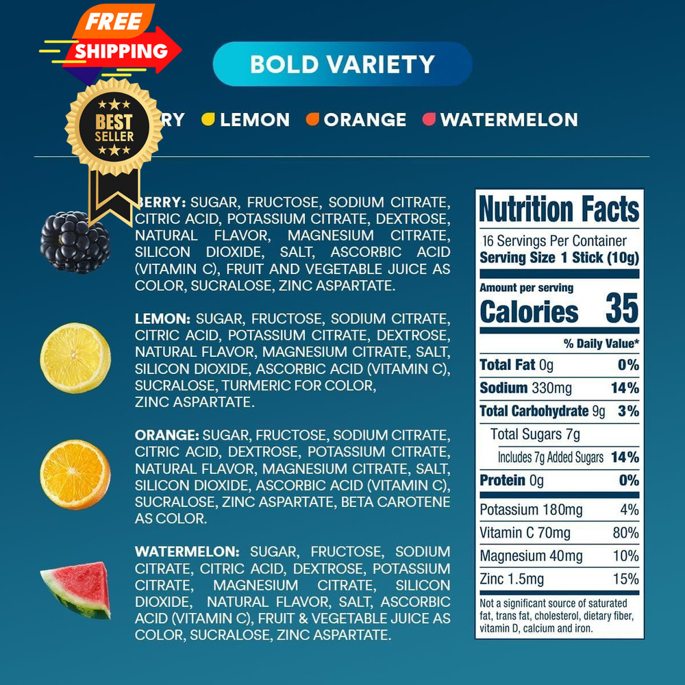 DripDrop Hydration Packets - Bold Variety Pack - Single Serve 16 Count, Blue