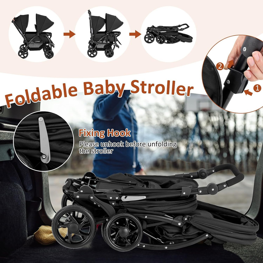 Compact Foldable Twin Stroller with Canopy & Safety Features - Black