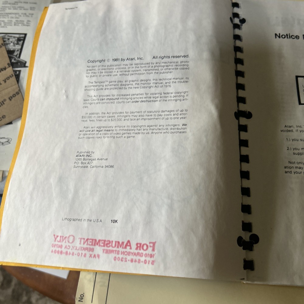 Copy? Atari Tempest Arcade Video game manual