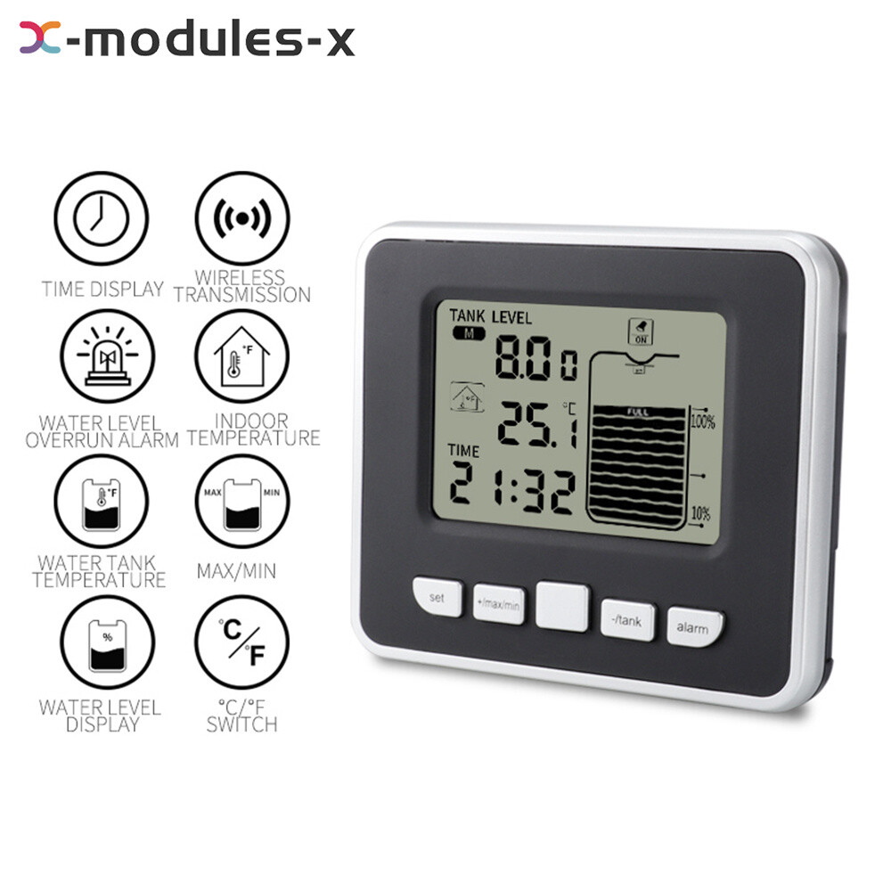 FT002 Ultrasonic Water Tank Liquid Level Meter + Temperature Sensor Time Display