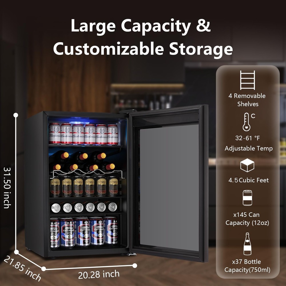 Wine Fridge 37 Bottle 145 Can 4.5 cu.ft Quiet Mini Refrigerator Black Electactic