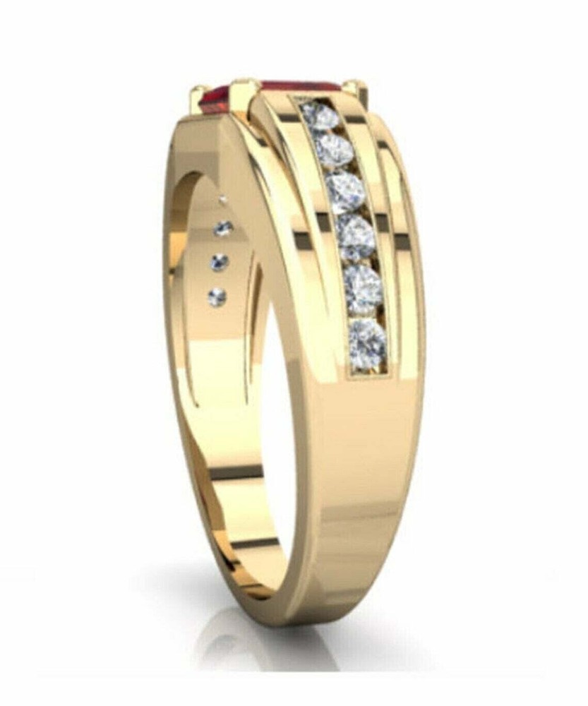2CT Emerald Cut Lab Created Ruby Men's Engagement Ring 14K Yellow Gold Plated