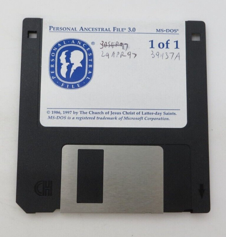 3.5" Floppy Disk Personal Ancestral File 3.0 MS-DOS LDS Software
