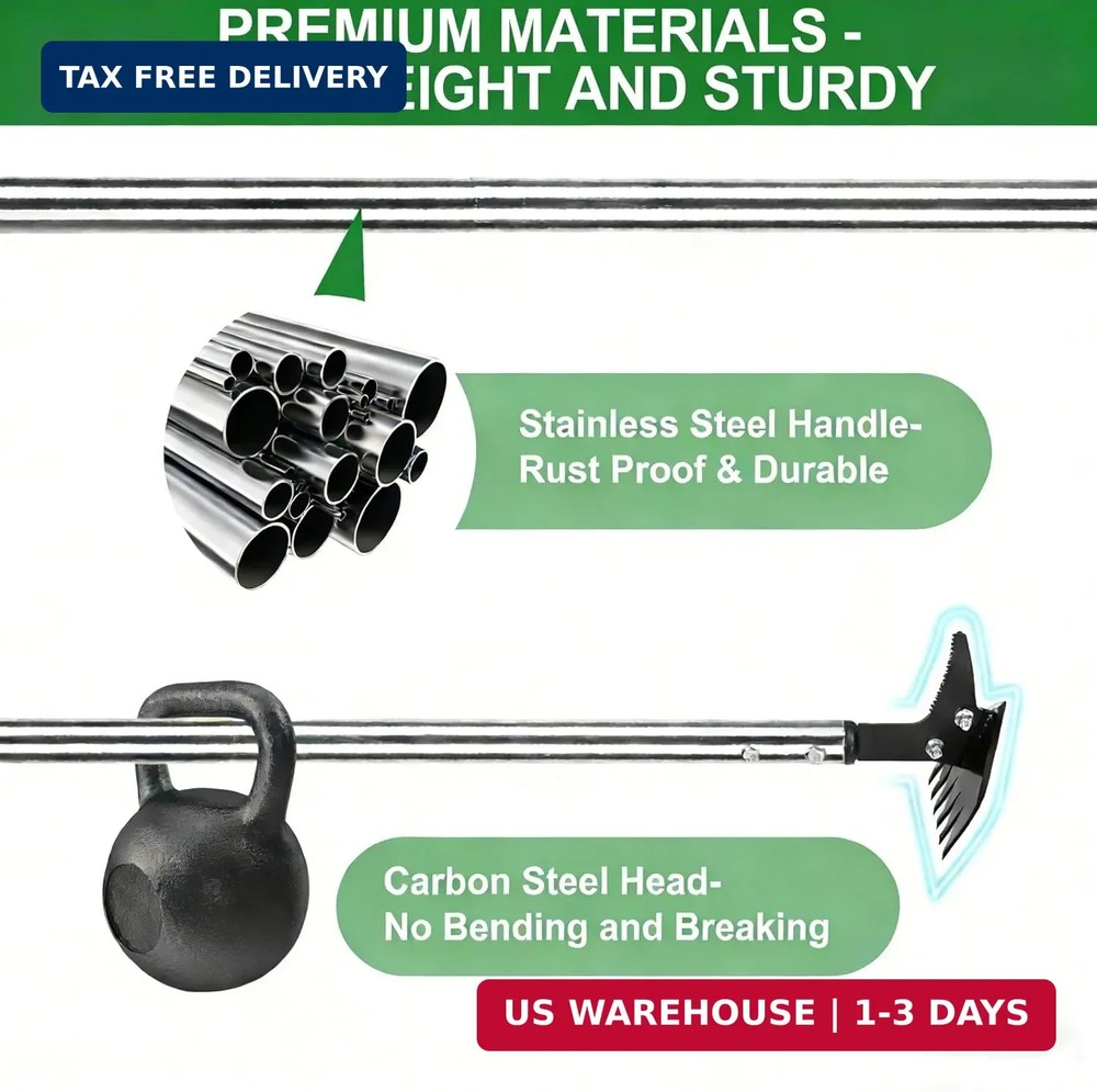 Weed Puller 61" Adjustable Long Handle, 2-in-1 Weed Rake & Crack Weeder with Det