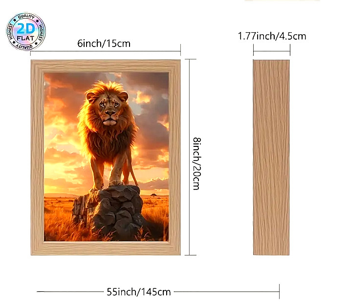 Lion USB LED Night Light Lamp Framed Wall Decor Before After Light Effect 8"x6"