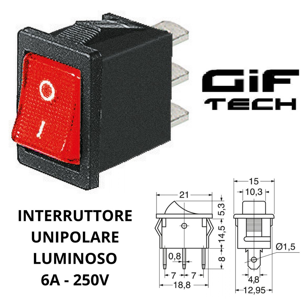 RED LIGHT UNIPOLAR SWITCH PANEL 6A 250V HOLE 18.8X12.95MM