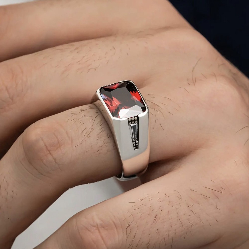 Solid Real Sterling Silver Garnet Stone Men's Ring All Size #TR183