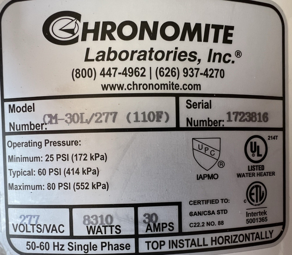 Chronomite CM-30L/277 110F Electric Tankless Water Heater, Undersink, Single