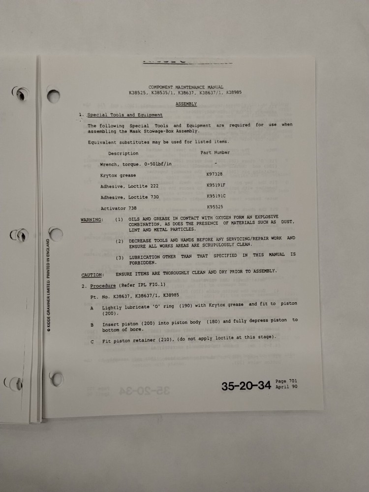 Kidde-Graviner Mask Stowage Box Assemblies Component Maintenance Manual-Original
