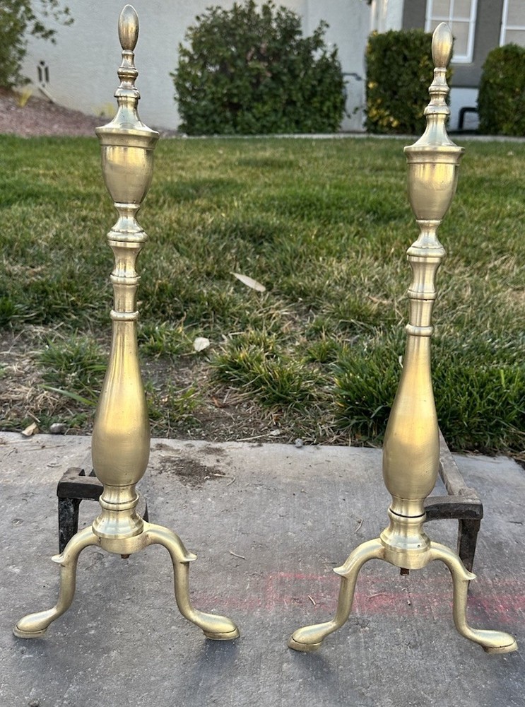 Vintage Solid Brass Andirons Pair 21” Colonial Fireplace Tool Polished