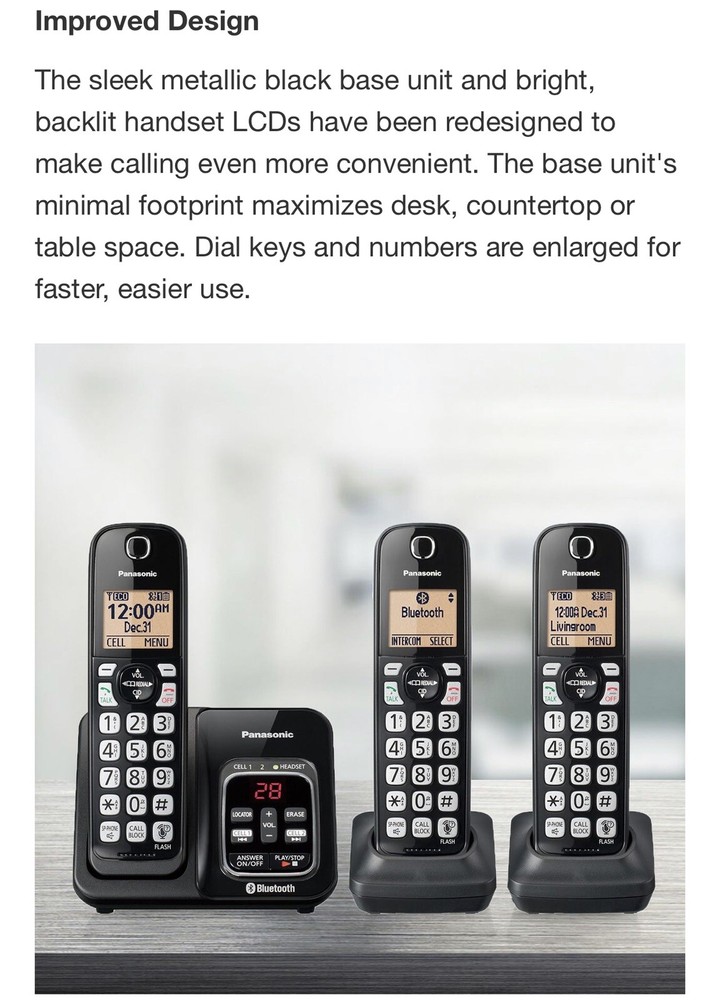 Panasonic, DECT 6.0 Bluetooth 3-Handset Phone System, Link2Cell No Landline Need