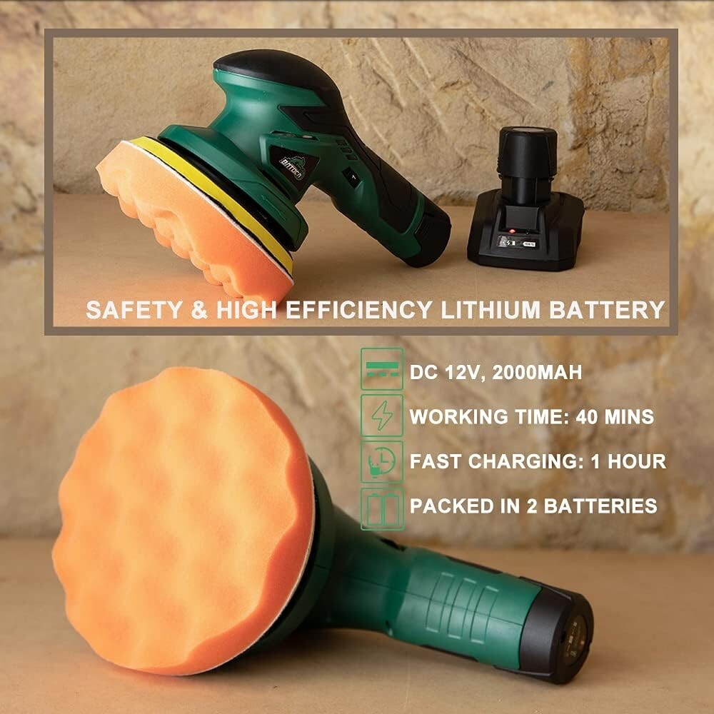 Battery Powered Car Buffer Polisher - Includes 2 Batteries & Fast Charger, Green