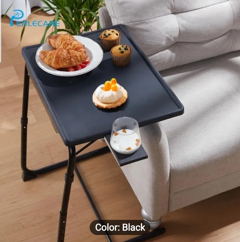Portable & Foldable Comfortable Adjustable TV Tray Table Stand + Cup Holder Blac