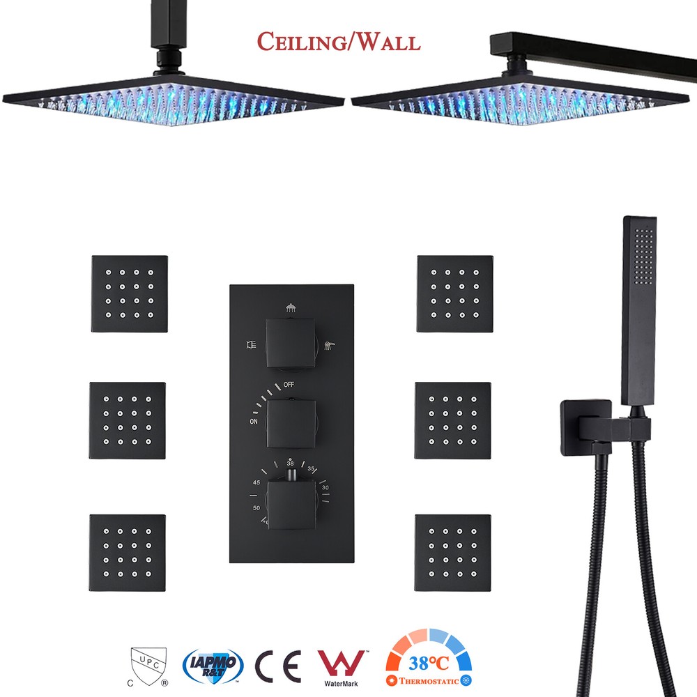 Black Shower Faucet Set Rainfall Head Combo Massage Jets with Thermostatic Valve