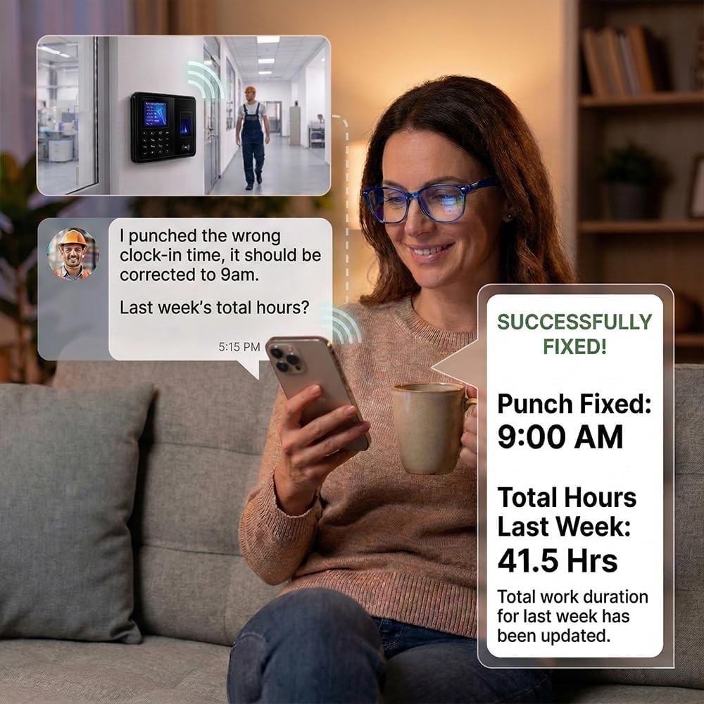 Time Clock System: App Control & 5s Fast Connection, Customizable Rules & 4 Payr