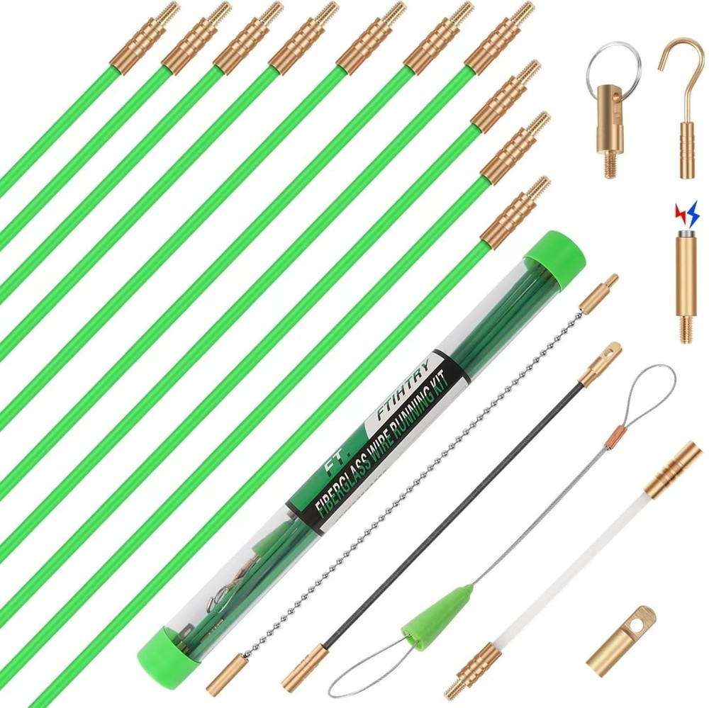 14FT Fiberglass Electrical Wire Pulling Rods with 8 Attachments Kit
