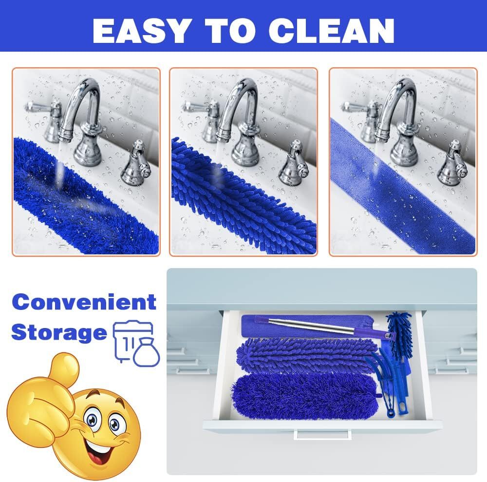 Microfiber Duster Set, 8PCS with 100" Telescoping Pole, Washable & Bendable