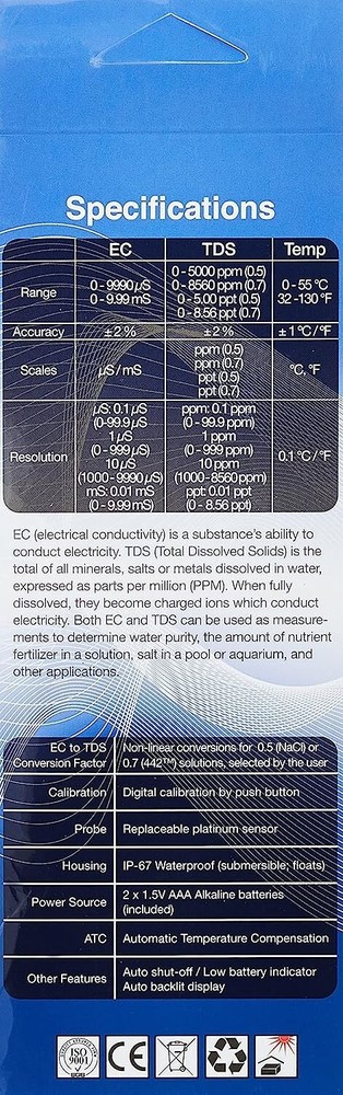 HM Digital COM 100 Waterproof EC/TDS & Temperature Combo Meter- 2023 MODEL