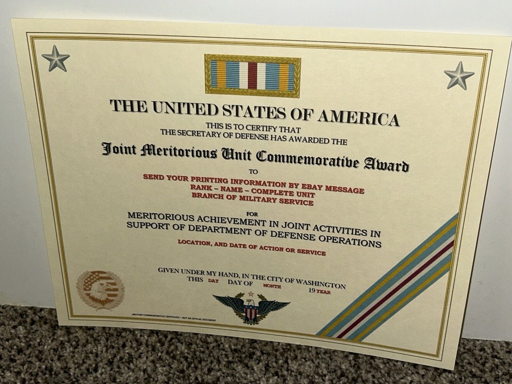JOINT MERITORIOUS UNIT COMMEMORATIVE AWARD CERTIFICATE ~W/PRINTING T-1