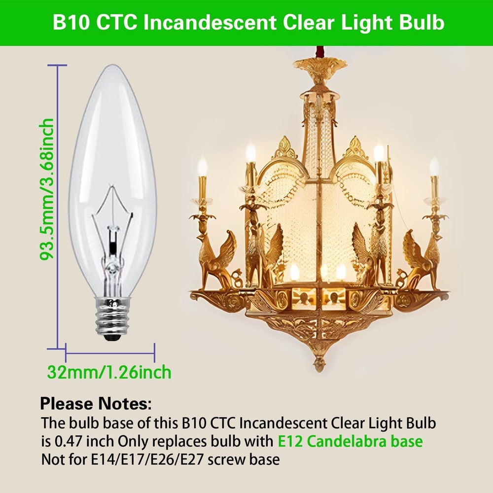 E12 Candle Light Bulbs,60W Candelabra, B10 ClearBase Bulb with Warm White 270...