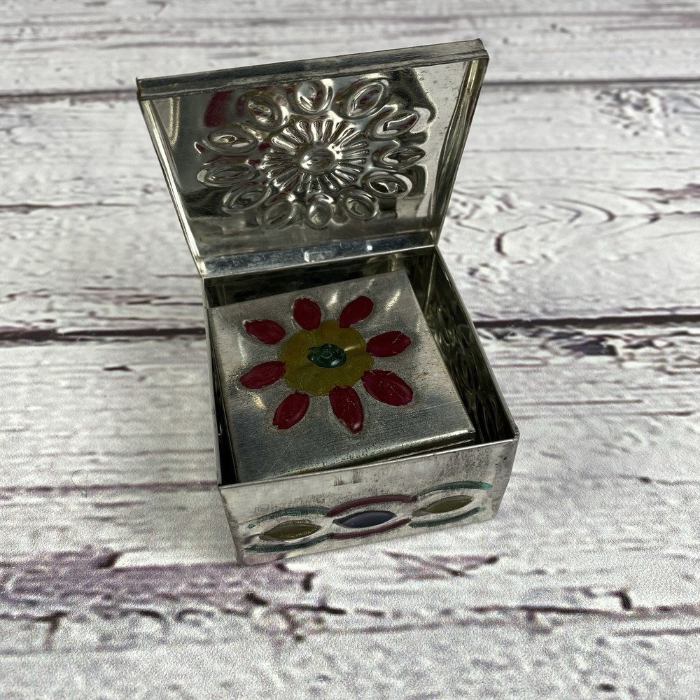 Embossed Hand Painted Mini Mexican Nesting Tin Trinket Boxes Square Hinged