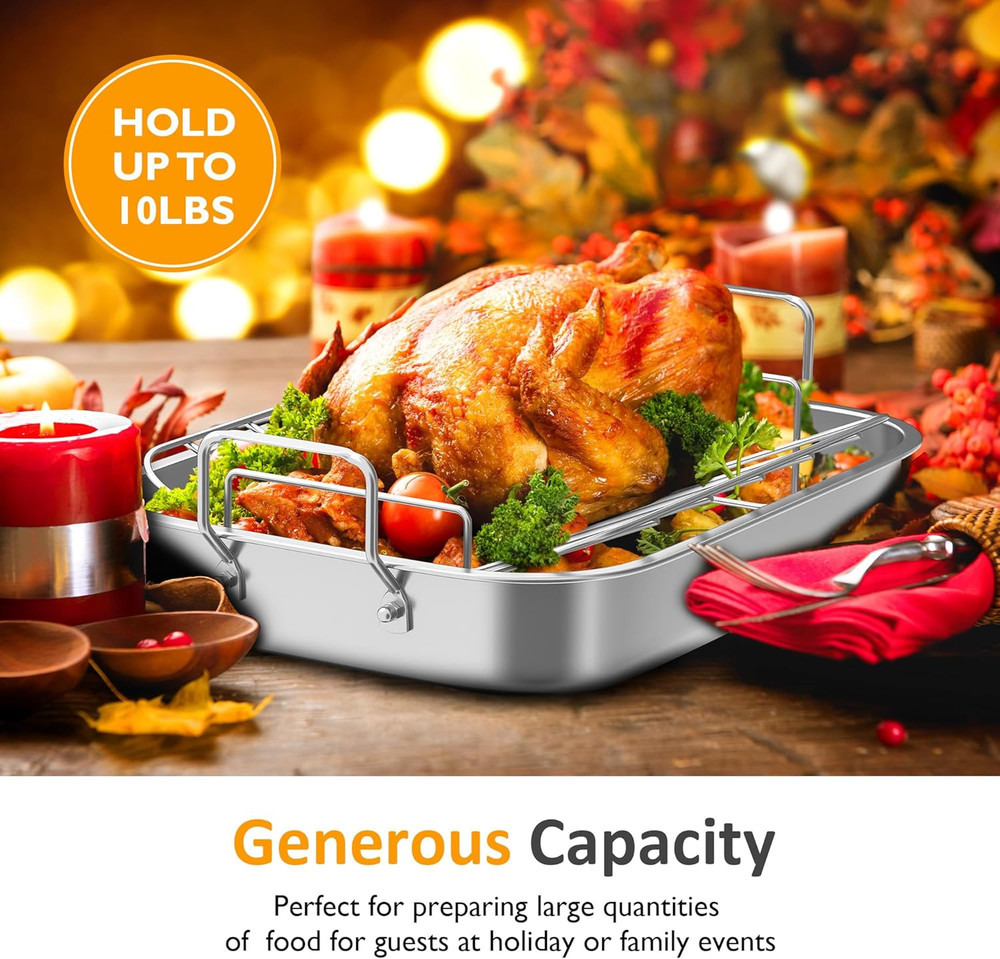 15.6'' Roasting Pan with V-Shaped Rack, Rectangular Lasagna Pan with Handle, Non