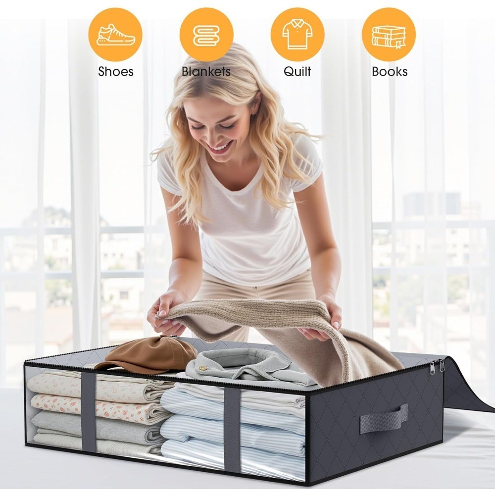 Foldable Under Bed Storage Bags 3-Pack 40L with Clear Window Grey Breathable